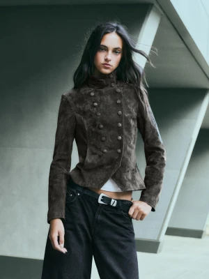 Bershka Skórzana Kurtka Dwurzędowa Z Guzikami Kobieta Zielony