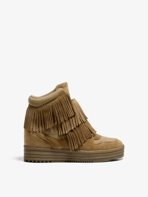 Bershka Skórzane Botki Sportowe Na Koturnie Z Frędzlami Kobieta Piaskowy