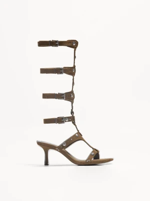 Bershka Skórzane Sandały Na Wysokim Obcasie Z Wysoką Cholewką Kobieta Wielbłądzi