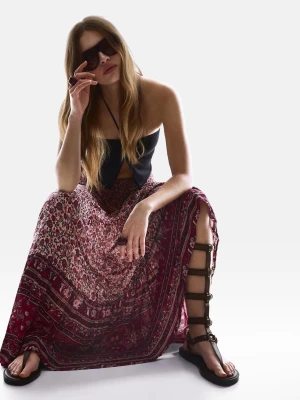 Bershka Spódnica Maxi W Stylu Boho Z Nadrukiem Kobieta Różowy