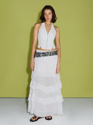 Bershka Spódnica Maxi Z Falbanami Kobieta Kremowy