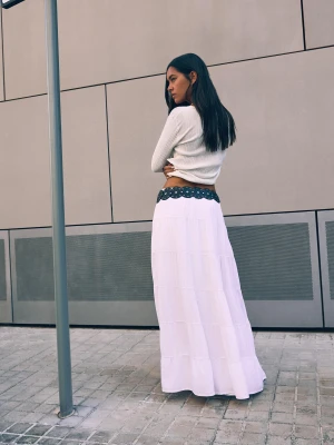 Bershka Spódnica Midi W Rustykalnym Stylu Kobieta Biały