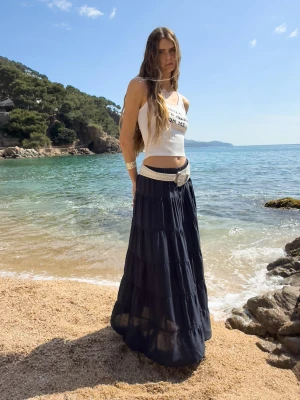 Bershka Spódnica Midi W Rustykalnym Stylu Kobieta Granatowy