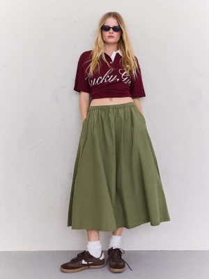 Bershka Spódnica Midi Z Elastycznym Pasem Kobieta Khaki