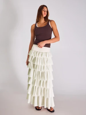 Bershka Spódnica Midi Z Falbanami W Stylu Rustykalnym Kobieta Biały Złamany