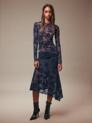 Bershka Spódnica Midi Z Nadrukiem Kobieta Granatowy