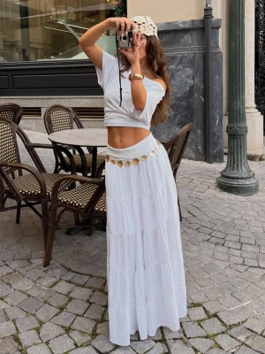 Bershka Spódnica Midi Z Podwiniętym Pasem Kobieta Biały