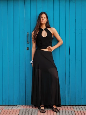 Bershka Spódnica Midi Z Siateczki W Kropki Kobieta Czarny