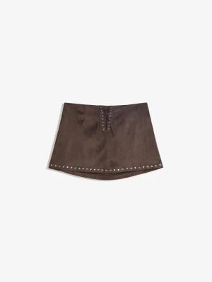 Bershka Spódnica Mini Z Efektem Zamszu I Ćwiekami Kobieta Brązowy
