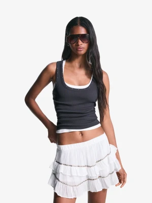 Bershka Spódnica Mini Z Falbankami I Ćwiekami Kobieta Biały