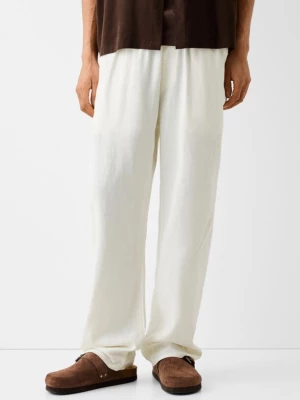 Bershka Spodnie Jogger Wide Leg Z Lnem Mężczyzna Biały