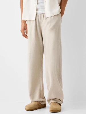 Bershka Spodnie Jogger Wide Leg Z Lnem Mężczyzna Piaskowy