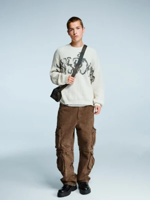 Bershka Spodnie Multi-Cargo Baggy Z Efektem Odbarwienia Mężczyzna Brązowy