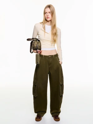 Bershka Barrel Utility Trousers Kobieta Khaki