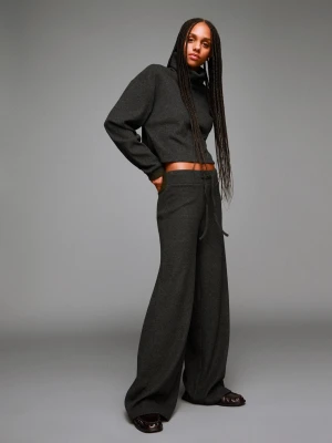 Bershka Spodnie Wide Leg Rib Soft Kobieta Ciemnoszary