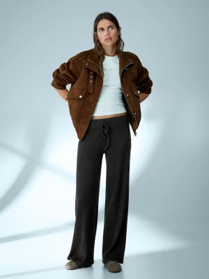 Bershka Spodnie Wide Leg Rib Soft Kobieta Ciemnoszary