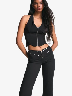 Bershka Spodnie Z Ćwiekami W Pasie Zapinane Na Zamek Kobieta Czarny