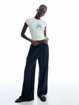 Bershka Spodnie Z Mieszanki Lnu Z Gumką W Pasie Kobieta Granatowy