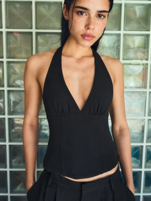 Bershka Strukturalny Top Halter Z Kokardami Kobieta Czarny