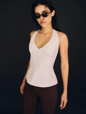 Bershka Strukturalny Top Halter Z Kokardami Kobieta Różowy