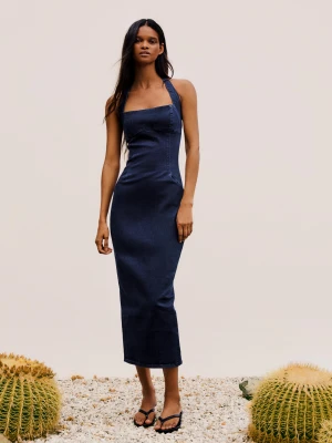 Bershka Sukienka Jeansowa Midi Kobieta Granatowy