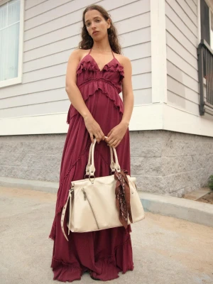 Bershka Sukienka Maxi Z Fakturą I Falbanami Kobieta Bordowy