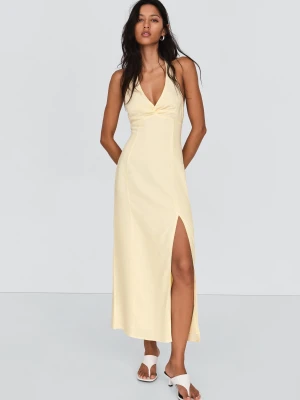 Bershka Sukienka Midi Halter Z Lnu Kobieta Żółty