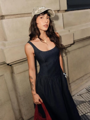 Bershka Sukienka Midi Jeansowa Kobieta Granatowy