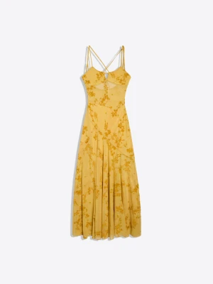 Bershka Sukienka Midi Na Ramiączkach Z Flokowanego Tiulu Kobieta Musztardowy