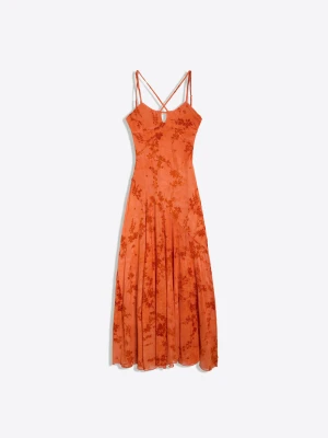 Bershka Sukienka Midi Na Ramiączkach Z Flokowanego Tiulu Kobieta Pomarańczowy