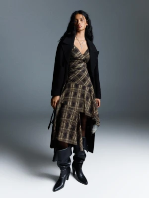 Bershka Sukienka Midi Na Ramiączkach Z Tiulu W Kratę Kobieta Czarny