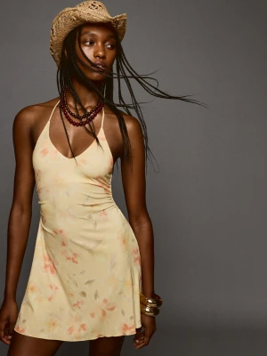 Bershka Sukienka Midi Typu Halter Z Nadrukiem Kobieta Żółty