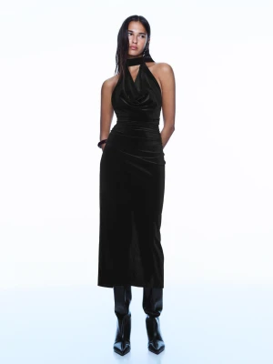 Bershka Sukienka Midi Z Efektem Aksamitu, Drapowana Kobieta Czarny