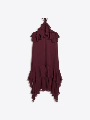 Bershka Sukienka Midi Z Falbankami Kobieta Rubinowy