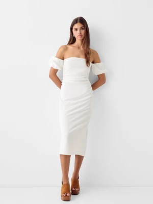 Bershka Sukienka Midi Z Krótkim Rękawem Z Łączonych Materiałów: Z Krepy I Popeliny Kobieta Biały Złamany