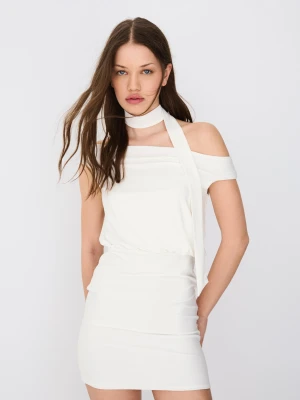 Bershka Sukienka Mini Bardot Apaszka Kobieta Biały