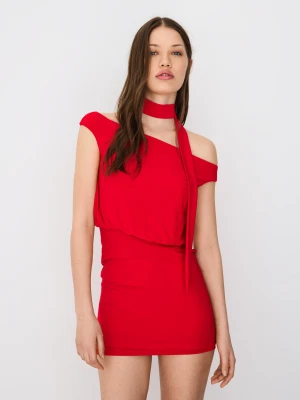 Bershka Sukienka Mini Bardot Apaszka Kobieta Czerwony