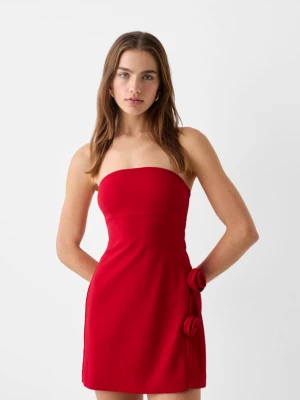 Bershka Sukienka Mini Bez Ramiączek I Naszytymi Kwiatami Kobieta Czerwony