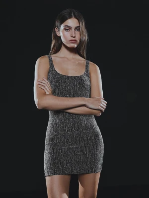 Bershka Sukienka Mini Na Ramiączka, Nić Metalizowana, Metalizowany Pasek Metal Kobieta Srebrny