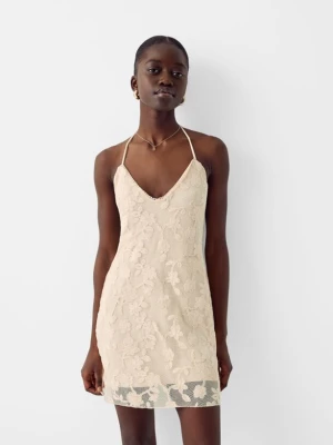 Bershka Sukienka Mini Na Ramiączkach Z Gipiury Kobieta Biały Złamany