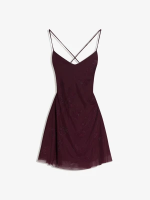Bershka Sukienka Mini Na Ramiączkach Z Tiulu I Strassu Kobieta Bordowy