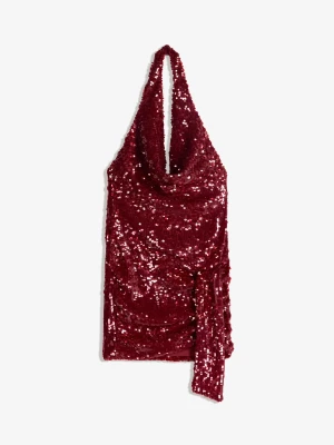 Bershka Sukienka Mini Na Szyję Z Drapowaniem I Cekinami Kobieta Czerwony