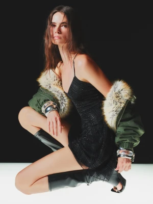 Bershka Sukienka Mini Tiul Błyszczące Kobieta Czarny