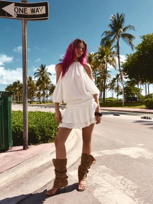 Bershka Sukienka Mini W Stylu Boho Kobieta Beżowy
