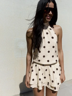 Bershka Sukienka Mini Z Dekoltem Halter Kobieta Beżowy