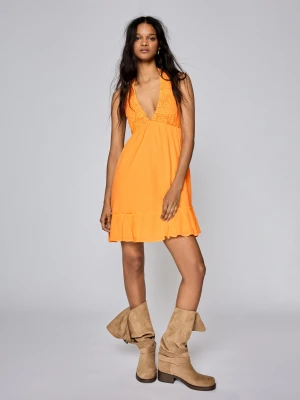 Bershka Sukienka Mini Z Dekoltem Halter Z Szydełkowej Dzianiny Kobieta Pomarańczowy
