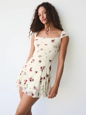 Bershka Sukienka Mini Z Koronką Blonda I Nadrukiem Kobieta Kremowy