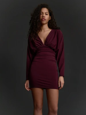 Bershka Sukienka Mini Z Marszczeniami Kobieta Bordowy