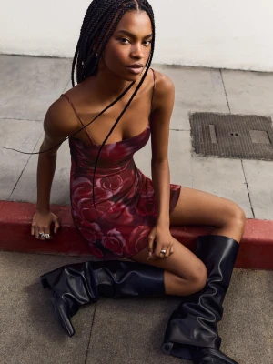 Bershka Sukienka Mini Z Nadrukiem Kobieta Bordowy