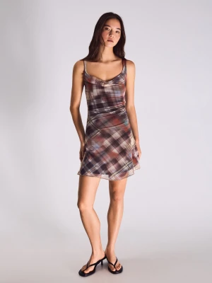 Bershka Sukienka Mini Z Tiulu W Kratę Kobieta Brązowy
